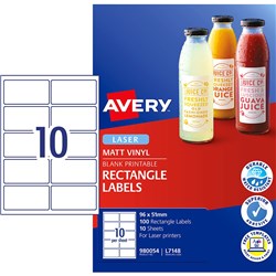 Avery Durable Laser Labels L7148 96x51mm Rectangle White 10UP 100 Labels 10 Sheets