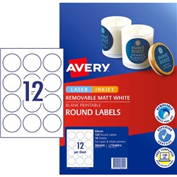 Avery Removable Labels L7104 REV 60mm Round Matte White 12UP 120 Labels 10 Sheets